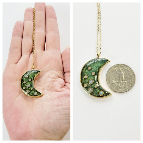 Crescent Moon Pendant Necklace Metallic Forest Green and Gold Handmade Necklace - Picture 6 of 10